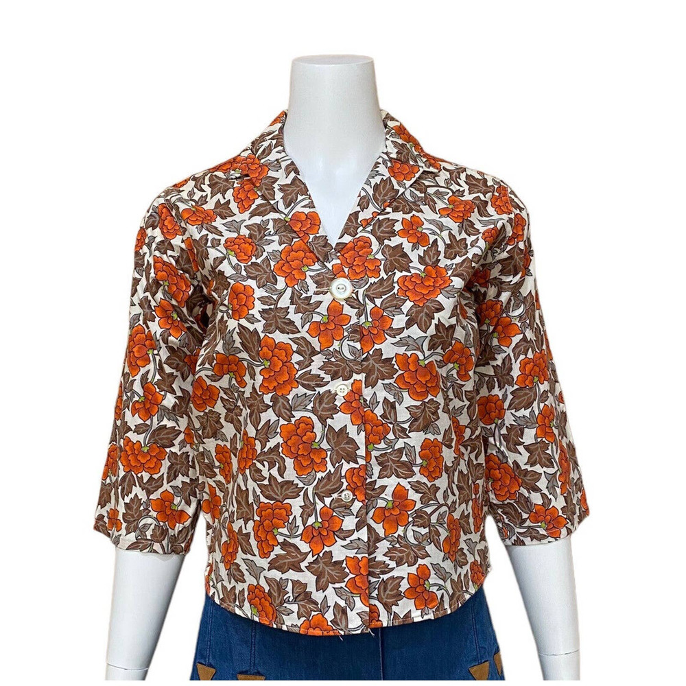 Vintage Floral Leaf Print Shirt Top Spartan Classic Brown Orange
